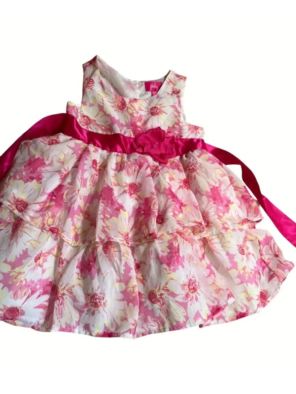 Pink White Floral Sleeveless Tiered Girls Dress With Pink Sash & Flower Size 4